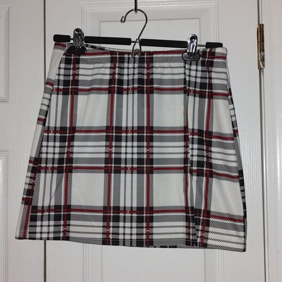 Shein pull on elastic waist black white red plaid  pencil skirt Sz  L - Picture 1 of 4